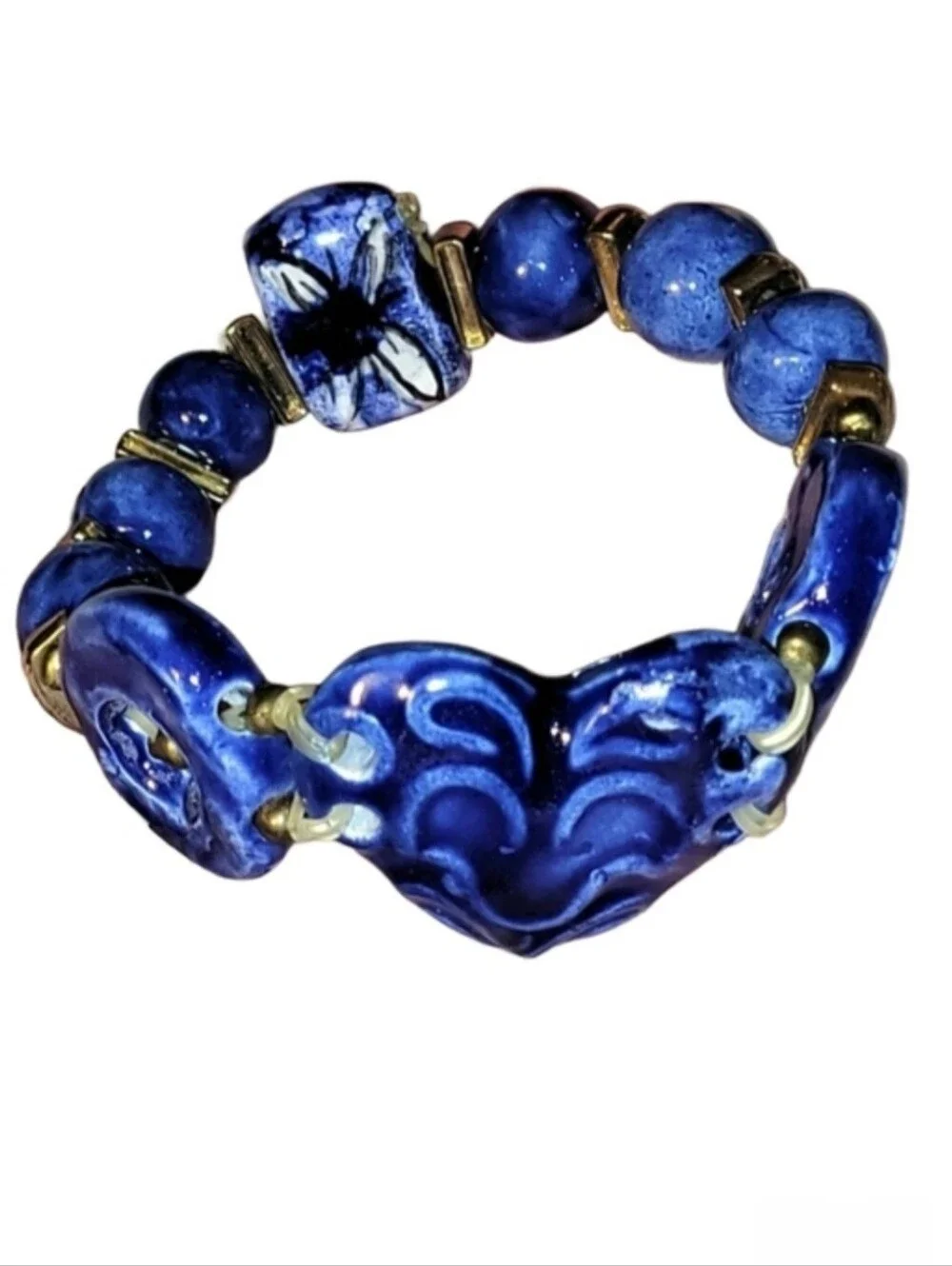 Hand Crafted Blue Ceramic And Gold Bead Heart Bracelet For Small Hands/Wrists